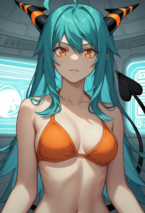 score_9, score_8_up, score_7_up,1 daemon woman,black  demon horns, black demon tail, (aquamarine hair),aquamarine green color hair,ahoge, long hair, (long hair),bangs, light orange bikini,bikini is orange, bikini orange, orange bikini!, (orange eyes), back...