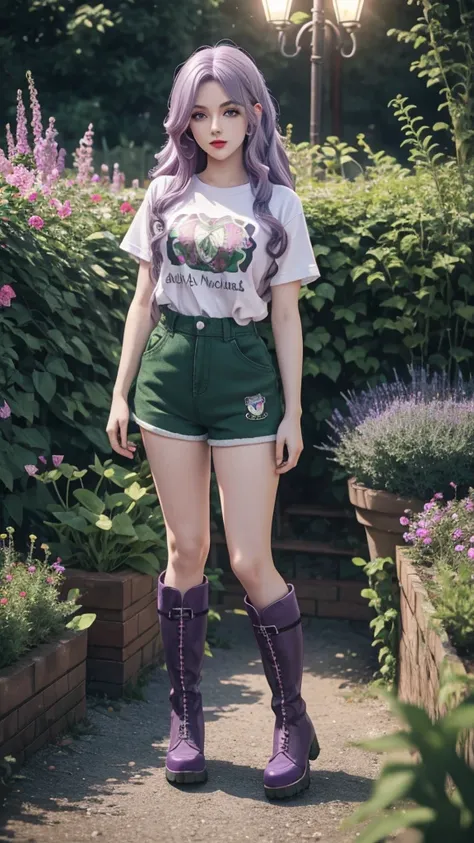 Irish woman, anime, cute, beautiful, high quality, night, 8k, long wavy light purple hair, green eyes, red lips, eyelashes, standing, garden, printed t shirt, overall shorts, boots