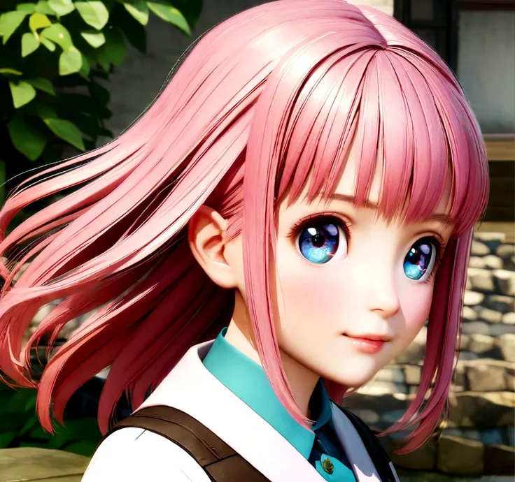 anime girl with pink hair and blue eyes weareturng a vest, April Rendering, Sayori, Another close-up of Iwakura, 8K portrait rendering, Rendering a cute 3D anime girl, Realistic anime girl rendering, Smooth anime CG art, Close-up of a young anime girl, Cut...