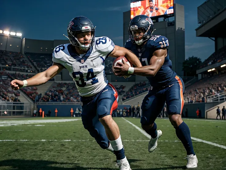 A professional football player, detailed facial features, muscular body, intense action pose, football stadium, dynamic motion blur, cinematic lighting, vibrant colors, 4k, best quality, photorealistic