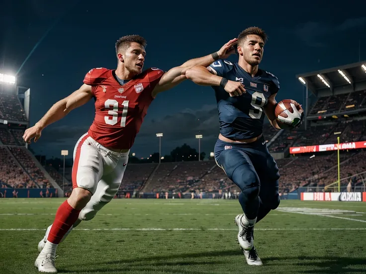 A professional football player, detailed facial features, muscular body, intense action pose, football stadium, dynamic motion blur, cinematic lighting, vibrant colors, 4k, best quality, photorealistic