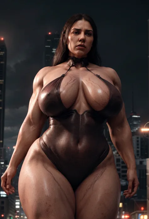 woman curset using a serum neddle to grow very huge in size, extremely detailed, large breasts, muscular body, menacing expression, veins popping, towering over a small city, cinematic lighting, dramatic chiaroscuro, vibrant colors, digital painting, hyper...