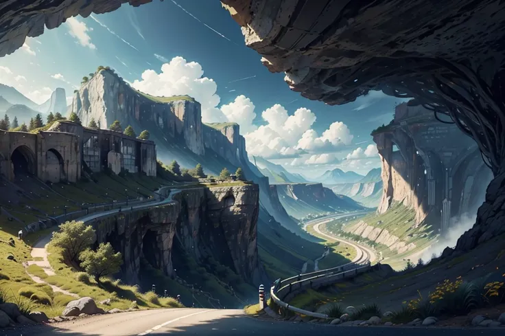 a car in the valley. cliffs, nature, road, sky, view from below