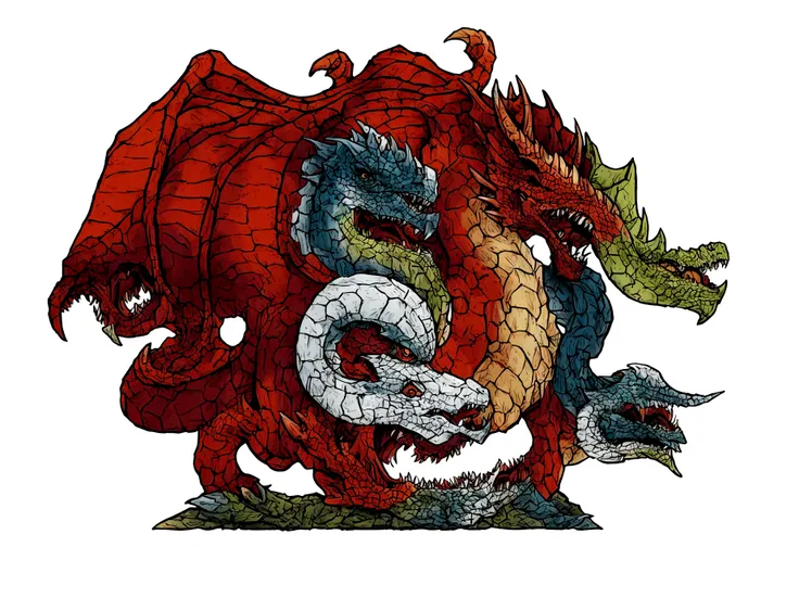  dragão rot com cinco cabeças, each head has a color: offwhite, cerulean, rot, green and black.