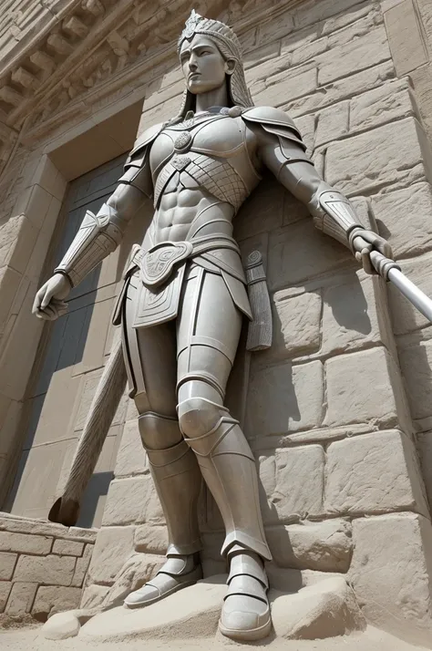 (best quality, high resolution, masterpiece:1.2), Very detailed, Practical:1.37, (Perfect anatomical structure),A beautiful sand sculpture mural，Shows a full-length portrait of a warrior，Holding a spear，Wear battle armor，The texture of the armor is outline...