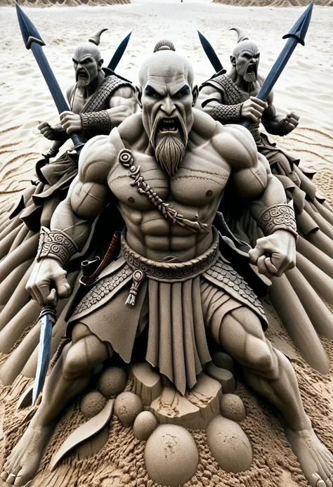 sand sculpture style, the three-headed, eight-armed god of war wields six sharp weapons，weave your way through the battlefield，u...