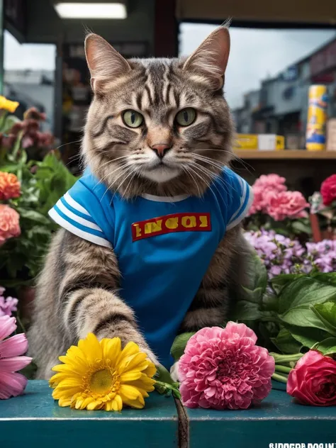 Hyperrealism Art、 (傑作photograph:1.3) of (Super detailed:1.3) Cat,Holding a sword,In front of Flower shop,(Artist: Butcher Billy:1.3),Very detailed,(Vorticism Art:1.3),(Supersaturation:1.3) . 非常に高解像度of詳細, photograph, Realism pushed to the limit, Fine textur...