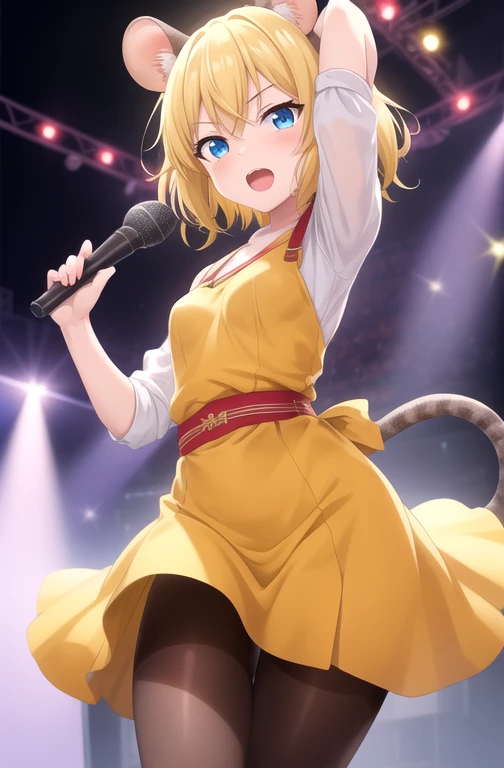 Score_9, score_8_up, score_7_up, source_anime, 1girl, solo, pale, Tomboy girl, short hair, yellow hair color, blue eyes, calm face, cute face, small breasts, medium sized thighs, yellow rat ears, rat tail, studio, singing, tights