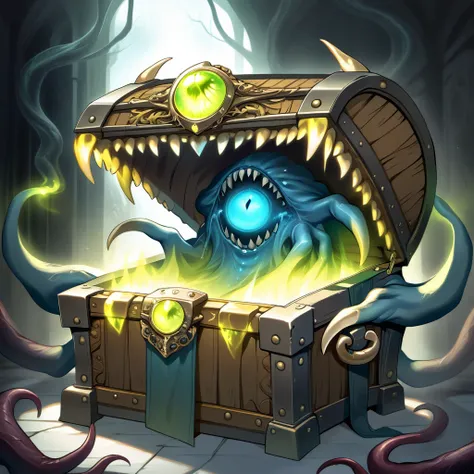 a monster disguised as a treasure chest, highly detailed, intricate design, ornate golden accents, glowing magical aura, sharp c...