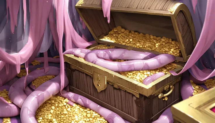 pink and purple tentacles extend from inside a treasure chest filled with gold and silver treasures.