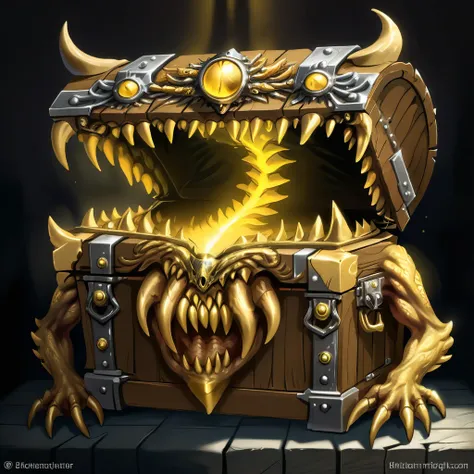 a monster disguised as a treasure chest, highly detailed, intricate design, ornate golden accents, glowing magical aura, sharp c...