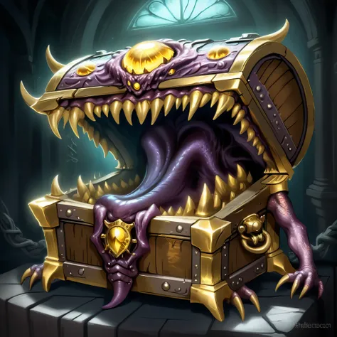 a monster disguised as a treasure chest, highly detailed, intricate design, ornate golden accents, glowing magical aura, sharp c...