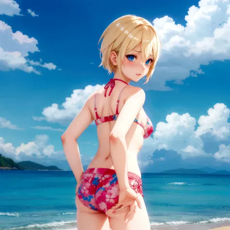 Sweating、Blue Eyes、Blonde short hair、Anime girl in bikini on the beach with blue sky background, Smooth anime CG art, Realistic Bikini, render of a cute 3d anime girl, Perfect body with realistic shading, Realistic Anime 3D Style, change, Anime-style 3D, C...