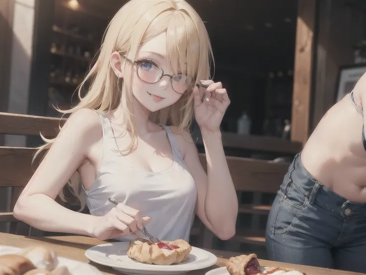 European girl portrait,alone,20-year-old,Beautiful Face,Hair on one eye,Medium Sidecut, Blonde, Sharp focus,White tank top,Blue shorts,(((Glasses))),Eating a cream-filled pastry, Sticking out tongue,A delicious smile