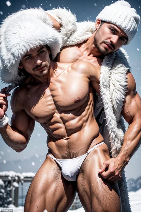 1 stocky shirtless Russian gay is standing with his legs and thighs opened and spread in the snow with wide landscape of snowfield , 1 man only, no other people, iceblocks and icelake and snow scene, he is wearing white fur gloves, fur woolen hat to cover ...