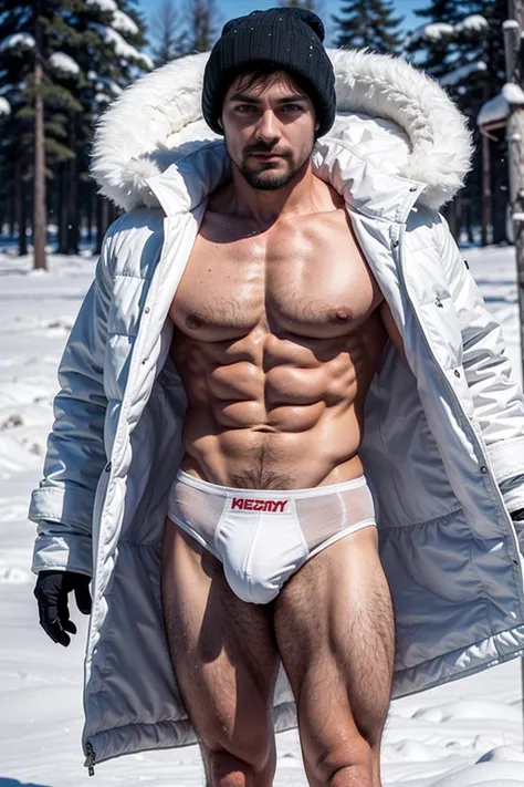 1 stocky shirtless Russian gay is standing with his legs and thighs opened and spread in the snow with wide landscape of snowfield , 1 man only, no other people, iceblocks and icelake and snow scene, he is wearing white fur gloves, fur woolen hat to cover ...