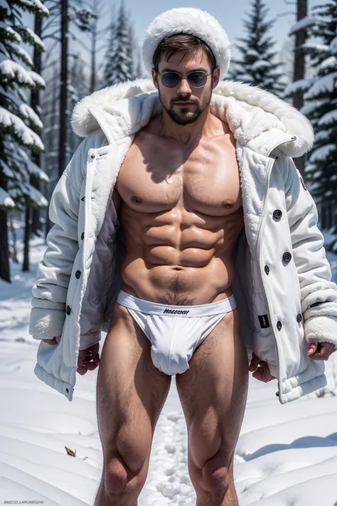 1 stocky shirtless Russian gay is standing with his legs and thighs opened and spread in the snow with wide landscape of snowfield , 1 man only, no other people, iceblocks and icelake and snow scene, he is wearing white fur gloves, fur woolen hat to cover ...