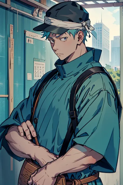 Create a cute, baby-sized version of Gojo Satoru from Jujutsu Kaisen. He is dressed in traditional Mississippi attire and wearing a bucket hat with a school bag on his back, looking at viewer. The background should be a plain teal color."