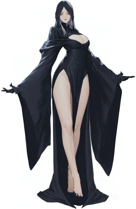 Portrait of woman in black dress and cape, dark witch fullbody pose, dark witch full view, Anime girl in black dress, dark robed witch, Dark Witch Character, Fashion Dark Witch, Dark Flowing Robe, Humanity :: witch, Produced in collaboration with Anime Pai...