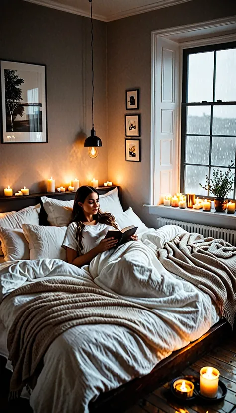 Create a comfortable bedroom atmosphere with a bed covered with white linen and blankets, with a 20 year old woman, large breasts. Place a few lit candles on a tray on the bed and more candles on the windowsill and nearby table. Make sure the windows show ...