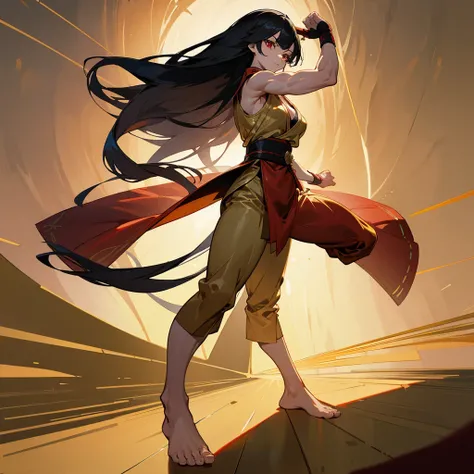 1girl, long black hair, red eyes, wearing gold martial arts gi and gold martial arts trousers. Barefoot. Anime artstyle, best quality, looking at viewer, perfect face, Standing on tatami mats, intricate detail, masterpiece, perfect muscular body, cleavage