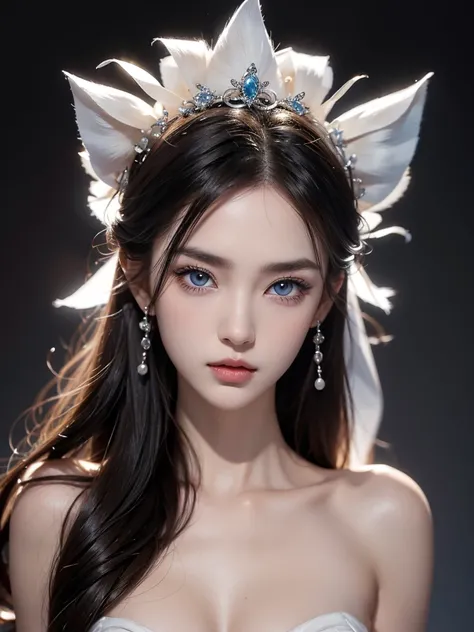 A young woman with amazing beauty, white skin reminiscent of a vampire,big blue eyes reminiscent of a gazelle,detailed perfect siren eyes,attractive looks,a flat little nose,a slightly upturned nose, perfectly shaped full lips, brightly detailed lips,bony ...