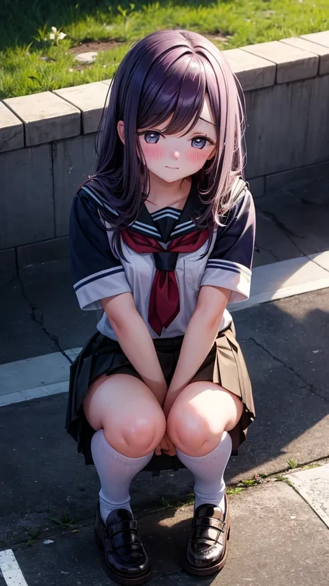 Shy adorable and cute blushing Cute teen girl peeing through her panties squatting down legs apart wearing her uniform from school nsfw. Puddles of pee between her legs. 