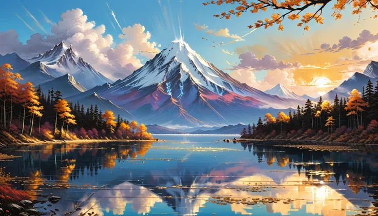 Gold leaf art, Alena Aenami, (masterpiece, Highest quality, Professional, Perfect composition, so beautiful, Absurd, Super detailed, Intricate details:1.3)、Fuji Mountain、Inverted Fuji reflected in the lake