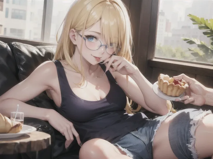 European girl portrait,alone,20-year-old,Beautiful Face,Hair on one eye,Medium Sidecut, Blonde, Sharp focus,White tank top,Blue shorts,(((Glasses))),Eating a cream-filled pastry, Sticking out tongue,A delicious smile