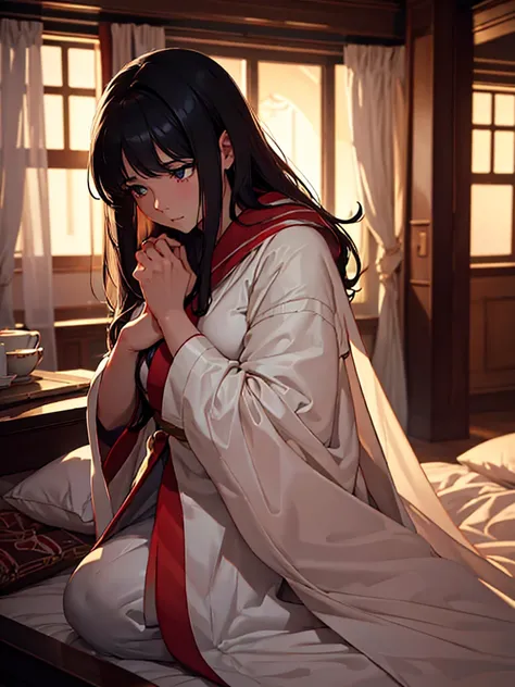 (​masterpiece、top-quality、hight resolution、Unity 8k Wallpaper、extremely details CG:1), A widow in an elegant, dimly lit bedroom sits on her luxurious bed, looking forlorn and yearning for human touch. She is wrapped in a soft, high-quality robe, her hands ...