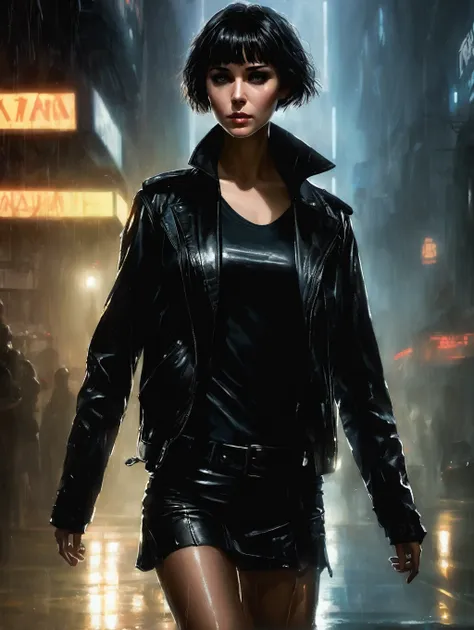 1 female, short hair,  with black leather jacket, 
Blade Runner Rain Shadow Dramatic Lighting Art，author：John Burkey
(best quality, masterpiece, )