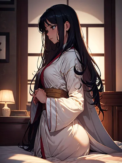 (​masterpiece、top-quality、hight resolution、Unity 8k Wallpaper、extremely details CG:1), A widow in an elegant, dimly lit bedroom sits on her luxurious bed, looking forlorn and yearning for human touch. She is wrapped in a soft, high-quality robe, her hands ...