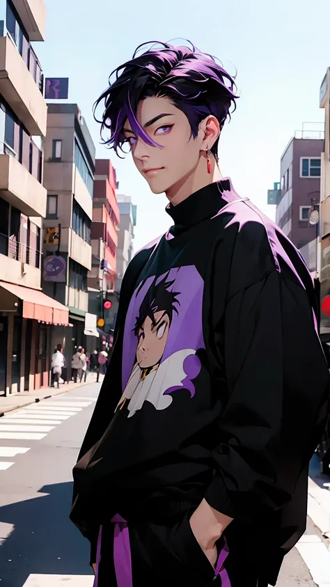 highest quality, 8K, high resolution image, anime style Jujutsu Kaisen, (Iori_suiseki), detailed strokes, bored look , blurred, purple light reflecting from it, (close angle), 1 man, young, male, model, hand in pocket, cool guy, multicolored Background wit...