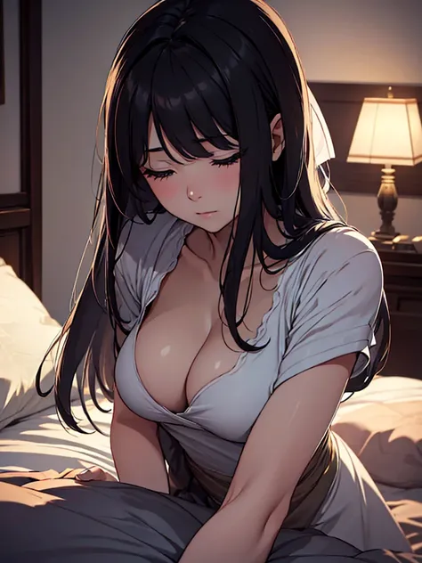 (​masterpiece、top-quality、hight resolution、Unity 8k Wallpaper、extremely details CG:1), A lonely widow in an elegantly furnished bedroom is depicted during a quiet night. She sits on a plush bed, the dim light casting soft shadows around her. Her expression...