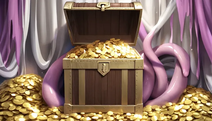 pink and purple tentacles extend from inside a treasure chest filled with gold and silver treasures.