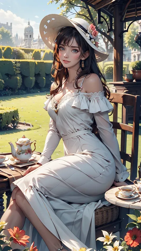 24 year old Caucasian female、Sexy proportions、Sexy、smile、smile、happiness、Flower-filled palace gardens、Tables and chairs on the lawn、A complete English tea set is placed on the table.、Sit in a chair and enjoy afternoon tea time、Wear an off-the-shoulder dres...