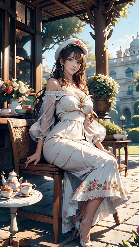 24 year old Caucasian female、Sexy proportions、Sexy、smile、smile、happiness、Flower-filled palace gardens、Tables and chairs on the lawn、A complete English tea set is placed on the table.、Sit in a chair and enjoy afternoon tea time、Wear an off-the-shoulder dres...