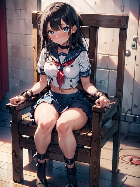 1 girl, strapped to a chair, tied up, (blushing, red face, crying, terrified), (ankle cuffs, ankles tied, wrist cuffs, wrists tied), long hair, beautiful eyes, (((short sleeves, tight clothing, sailor uniform, mini-skirt))), perfect body, perfect face, per...