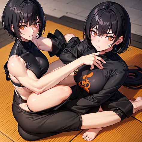 1girl, short messy black hair, orange eyes, wearing black martial arts gi and black martial arts trousers. Barefoot. Anime artstyle, best quality, looking at viewer, perfect face, Sitting on tatami mats, intricate detail, masterpiece, perfect muscular body