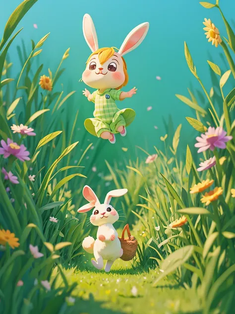 Cute  and a cheerful bunny hopping through the green grass. Pixar style, best quality, stills,