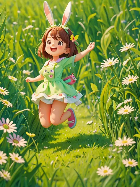 Cute  and a cheerful bunny hopping through the green grass. Pixar style, best quality, stills,