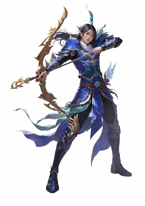 Close-up of a person holding a bow and a bow, heise jinyao, Inspired by Huang Shen, g liulian art style, Full body fairy, Thin male mage, Inspired by Shen Zhou, Male magician&#39;s T pose, A complete portrait of an elementalist, zhao yun, author：Yang J, in...