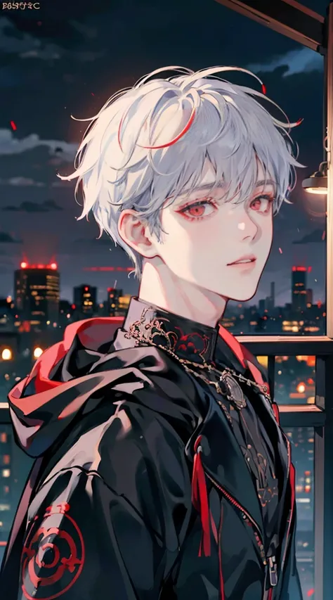 kk, best quality, more details, masterpiece, 1 boy, kaneki ken, portrait, male focus, red eyes, solo, bangs, look at viewer, hood, short hair, rain, tokyo tokyo (city), hood, white hair, luxurious, 8k, detailed, ray tracing, depth of field, cinematic light...