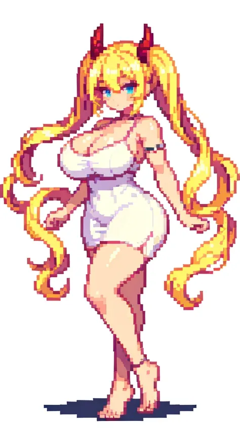 big ass,devil,barefoot,{{lift one leg}},{{very muscular}},{{very gigantic breasts}} ,{{very curvy}} , ,masterpiece , best quality , pixel art , 1 girl ,{full body},  voluptuous ,twintails,blonde hair ,white dress,white background 