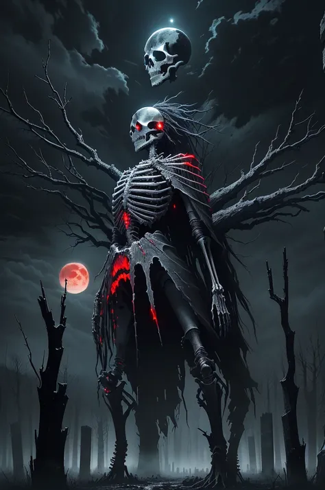 a dark and eerie night landscape, a haunting and foreboding atmosphere, dead trees, cracked earth, glowing red moon, ominous clouds, decaying, skeletal figures, horror, macabre, sinister, (masterpiece, top quality, best quality, ((no humans)), scenery, red...