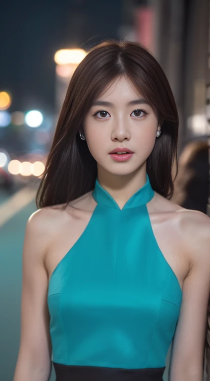 ((Realistic lighting, Best quality, 8K, Masterpiece: 1.3)), Focus: 1.2, 1girl, Perfect Figure: 1.4, Slim Abs: 1.1, ((Dark brown hair)), (Cyan dress: 1.4), (Outdoor, Night: 1.1), City streets, full bodySuper fine face, Fine eyes, Double eyelids,