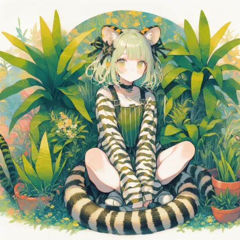 1girl、Dracaena trifasciata (Prain) Mabb.、「perpetual」「immortal」、Snake Plant、Tiger ears、Tiger tail、Sansevieria Laurentii、The edges of the leaves are white、The leaves have white stripes、tegaki