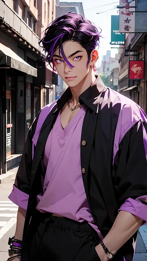 highest quality, 8K, high resolution image, anime style Jujutsu Kaisen, (Iori_suiseki), detailed strokes, bored look , blurred, purple light reflecting from it, (close angle), 1 man, young, male, model, hand in pocket, cool guy, multicolored Background wit...