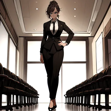 A female character in Tsukasa Hojo style, wearing a tailored black pantsuit, a white blouse, and a pair of black pumps. Her hair is styled in a sophisticated updo, and she has a confident, determined look in her eyes. She is standing in a boardroom, giving...