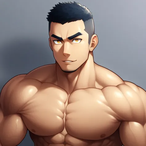 anime characters：Gyee, Muscle Sports Student, 1 muscular tough guy, Manliness, male focus, Light Yellow long sleeve tights, Very tight, The pectoral muscles are oversized, Slightly transparent, muscular male, muscular, only, Upper body, alone, Black short ...